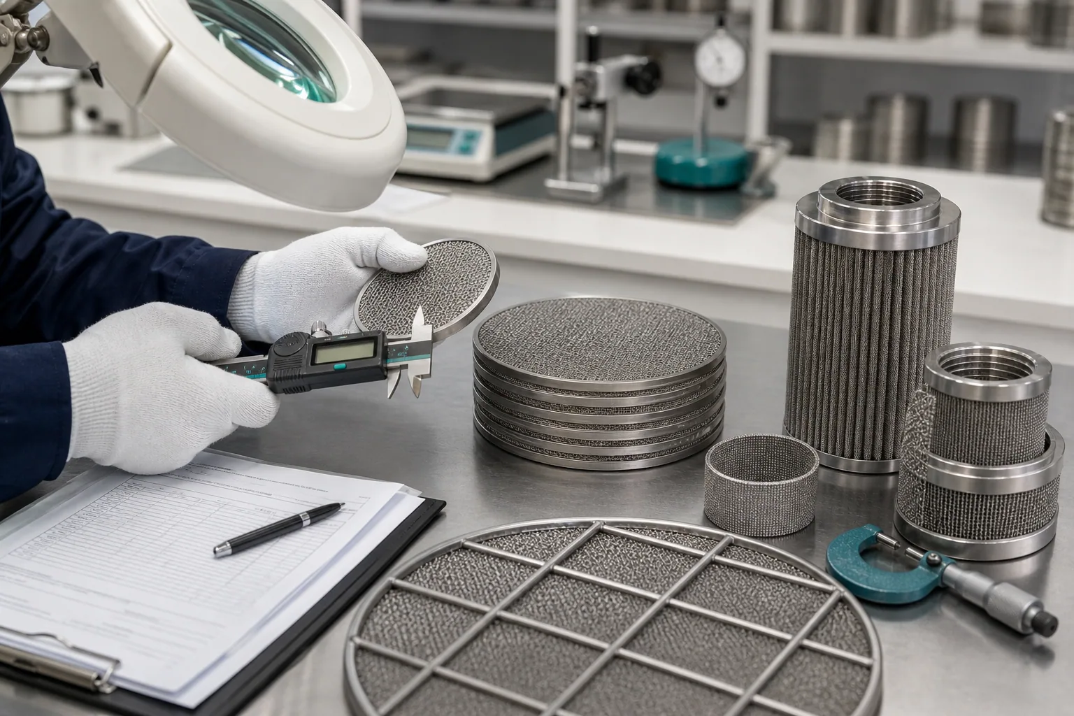 Quality control for export-ready metal filtration parts.
